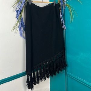 Wool asymmetric, midi skirt with sweater, yarn, fringe across bottom, unique